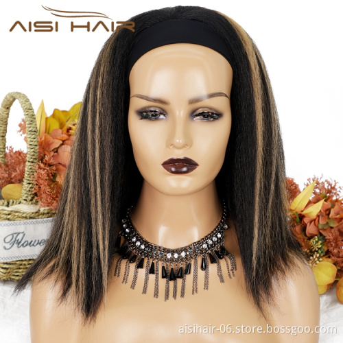 Hot Vendor Natural Hair Headband Wig Highlight Blonde Yaki Curly Synthetic Hair Wigs Women Machine Made Glueless None Lace Wig